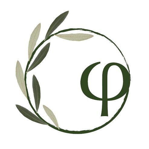 Logo - Greek letter f encircled in an olive tree branch with dark and light green leaves.