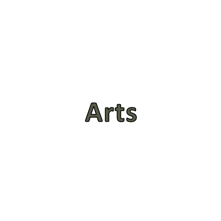 The word 'Arts' in a title tile, written in dark olive green against white background. The tile has a thick dark olive green outline.