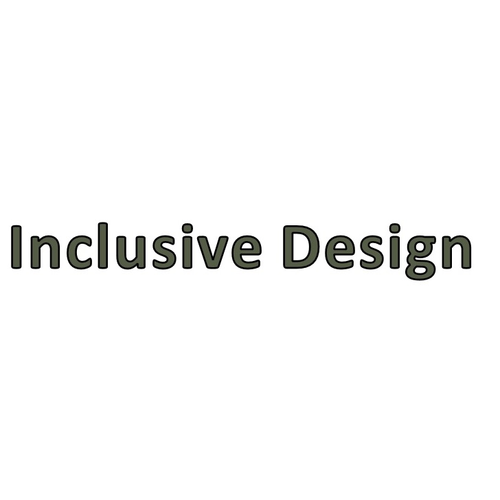 The words 'Inclusive Design' in the title tile, written in dark olive green against white background. The tile has a thick dark olive green outline..